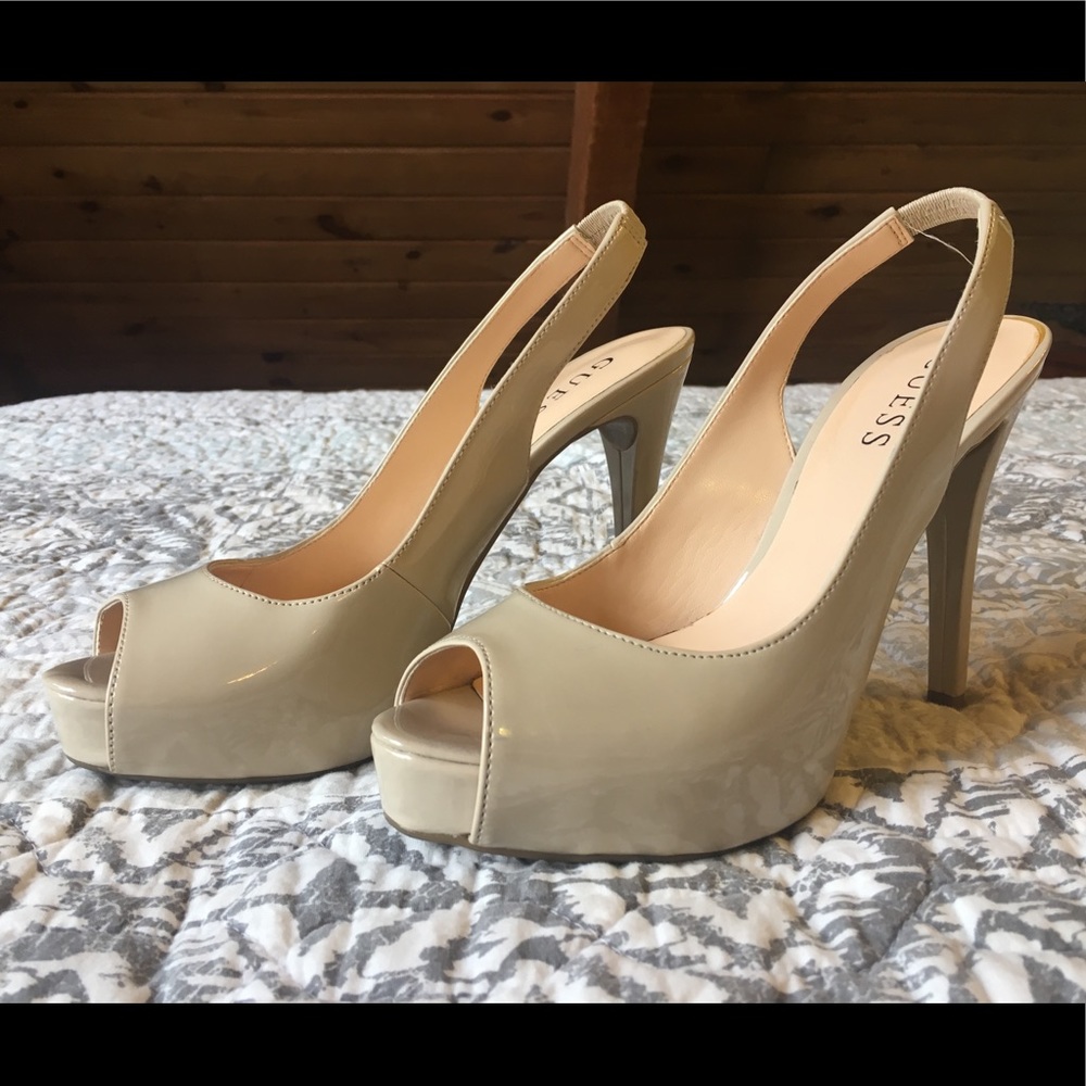 GUESS Patent Nude Peeptoe Slingbacks